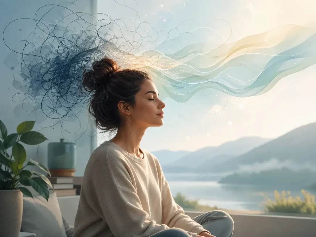 Een kalm moment waarin drukke gedachten langzaam veranderen in rust, helderheid en ontspanning.