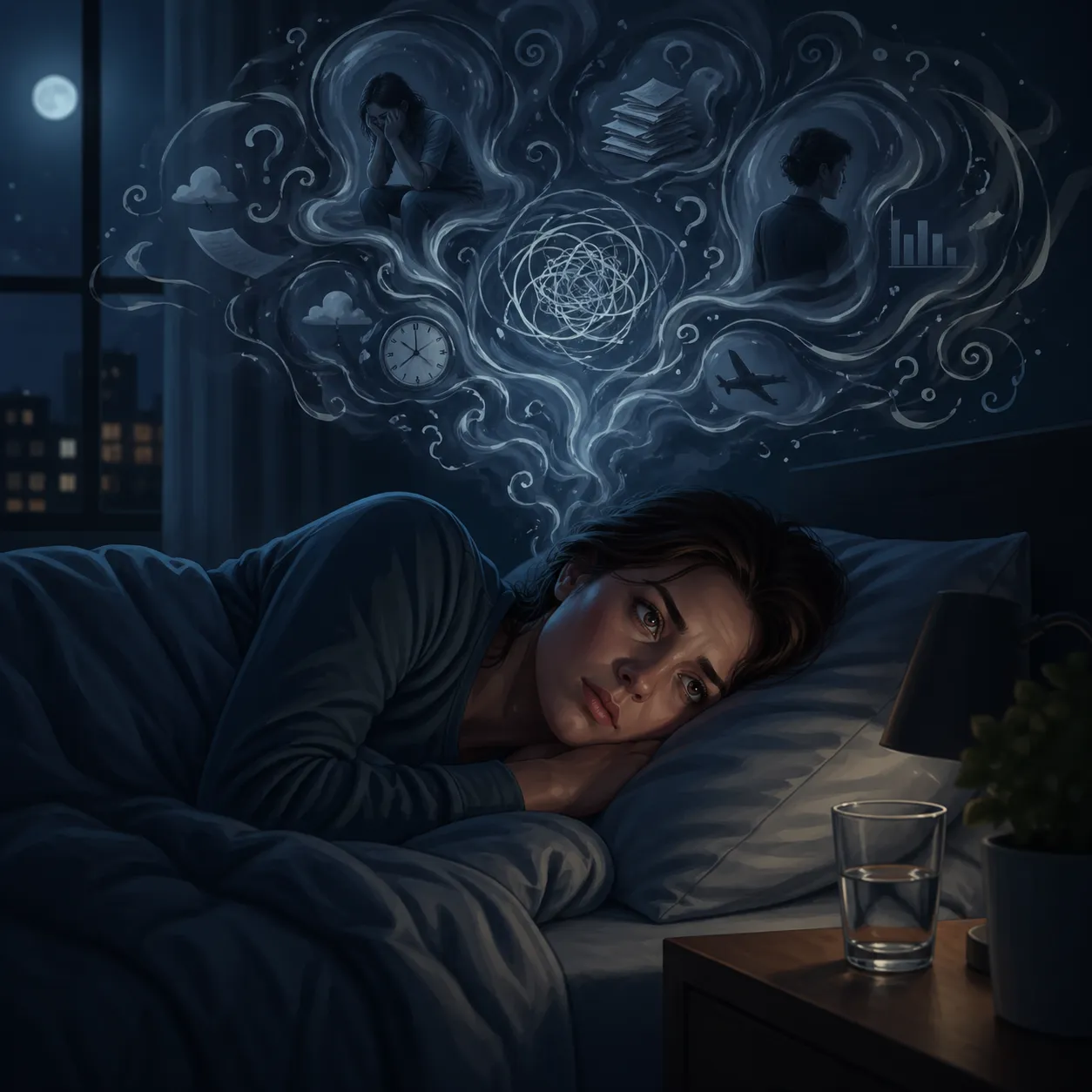 Een slapeloze nacht vol ronddwalende gedachten, zorgen en stille onrust.