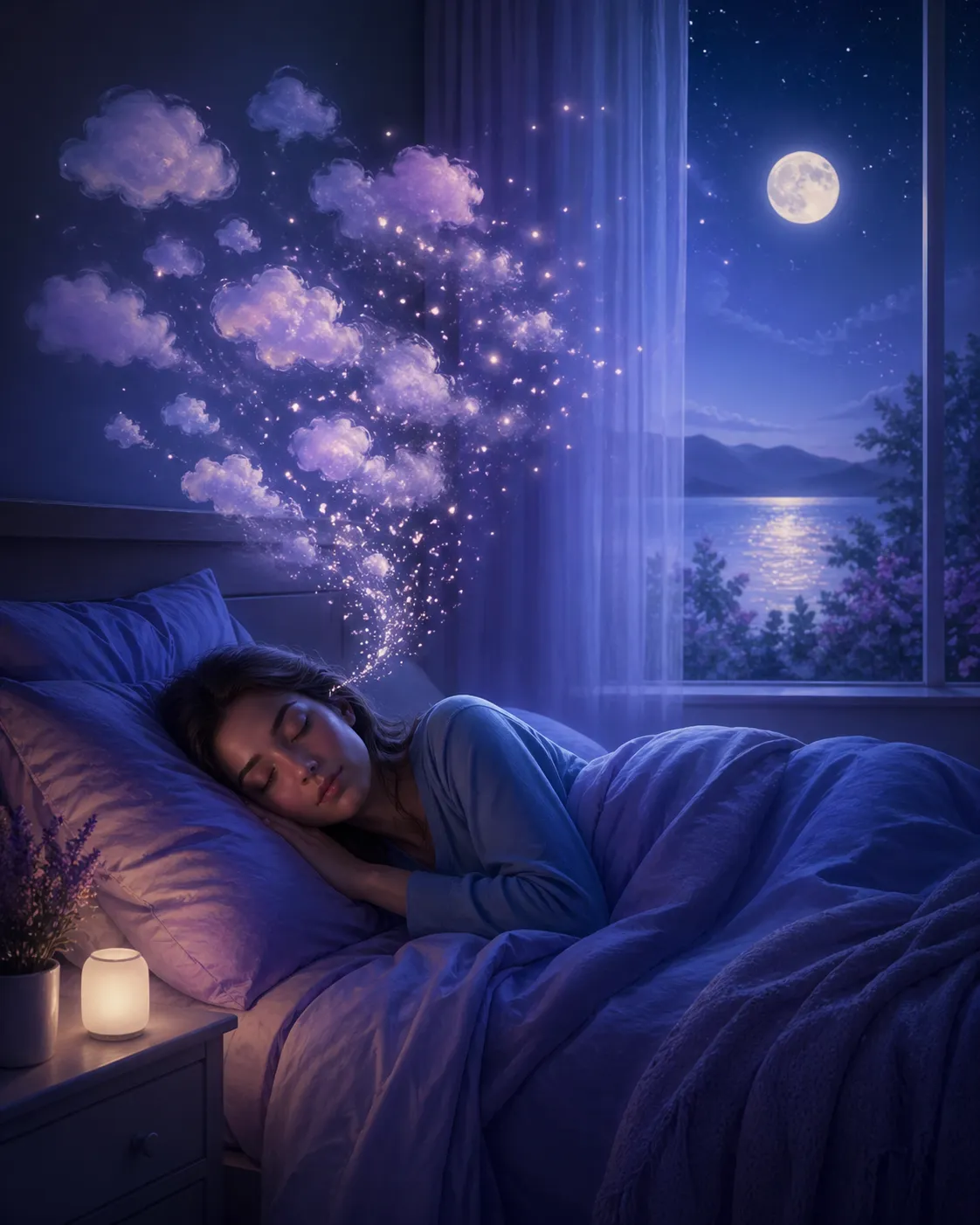 Een rustige nachtelijke scène waarin zorgen zachtjes vervagen, zodat de geest tot rust komt voor een diepe slaap.