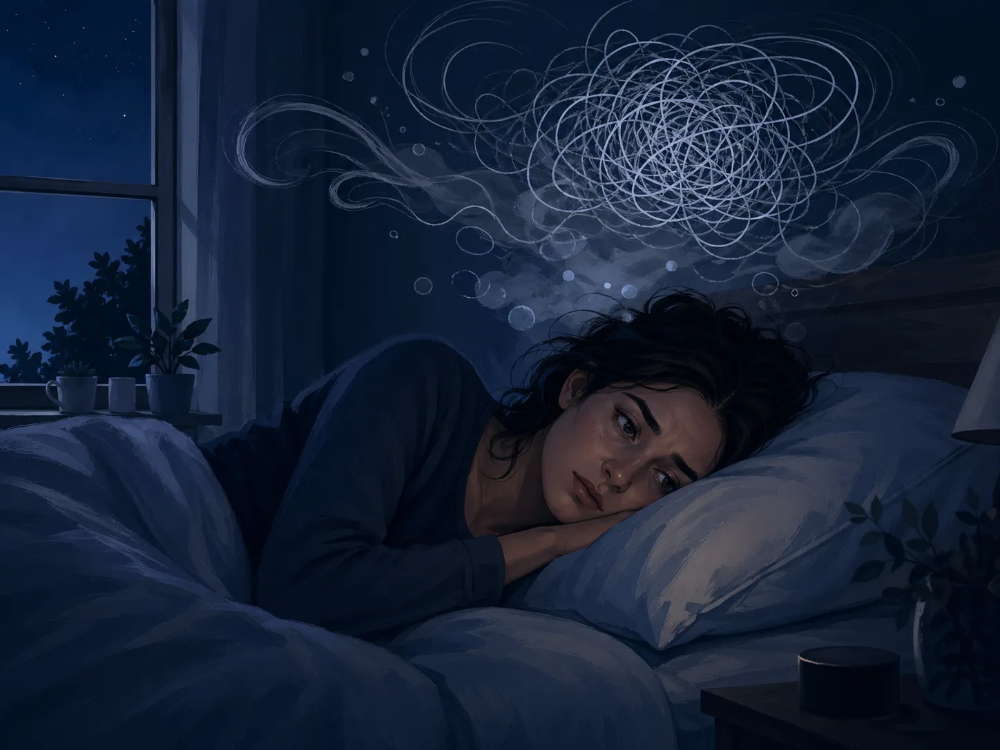 Een slapeloze nacht waarin zorgen en gedachten blijven malen, terwijl rust ver weg lijkt.