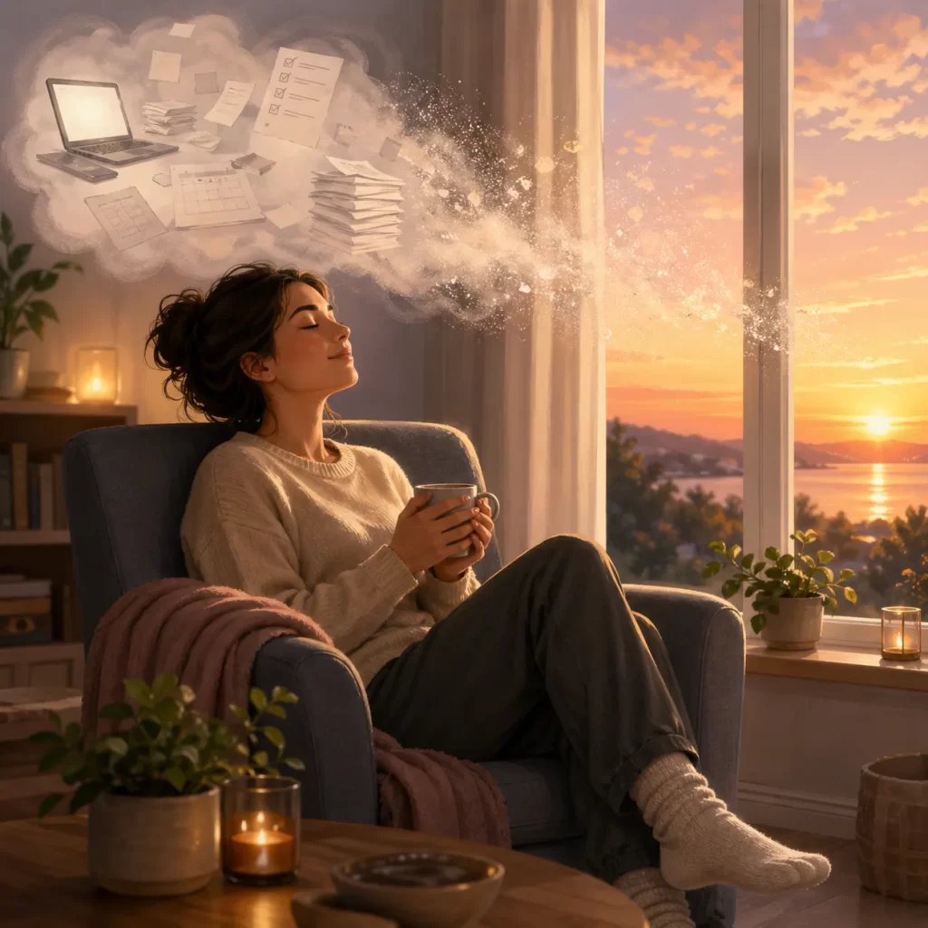 Een rustige scène waarin werkgedachten vervagen en plaatsmaken voor ontspanning, warmte en mentale rust na een lange dag.