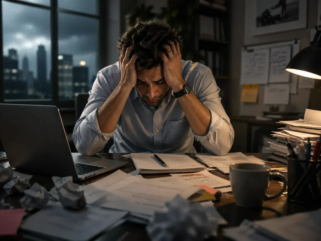 Een overwerkte man zit laat op kantoor, omringd door papierwerk en zorgen.