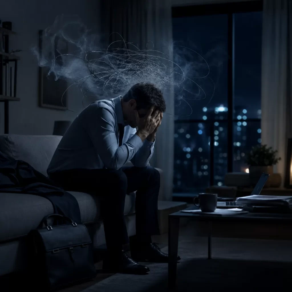 Een vermoeide werknemer zit ’s avonds alleen thuis, gevangen in stress en gedachten na een lange werkdag.