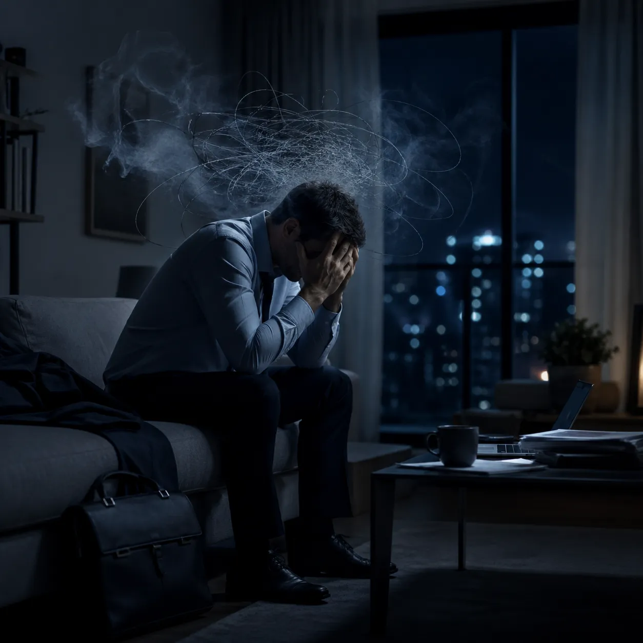 Een vermoeide werknemer zit ’s avonds alleen thuis, gevangen in stress en gedachten na een lange werkdag.