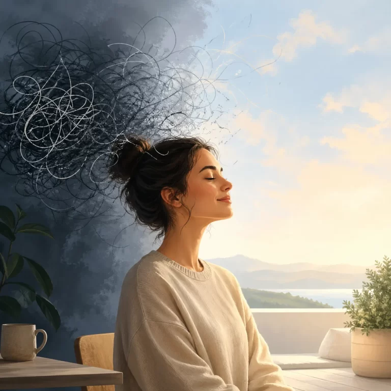 Een kalm moment waarin donkere, drukke gedachten langzaam oplossen in licht, ruimte en innerlijke rust.