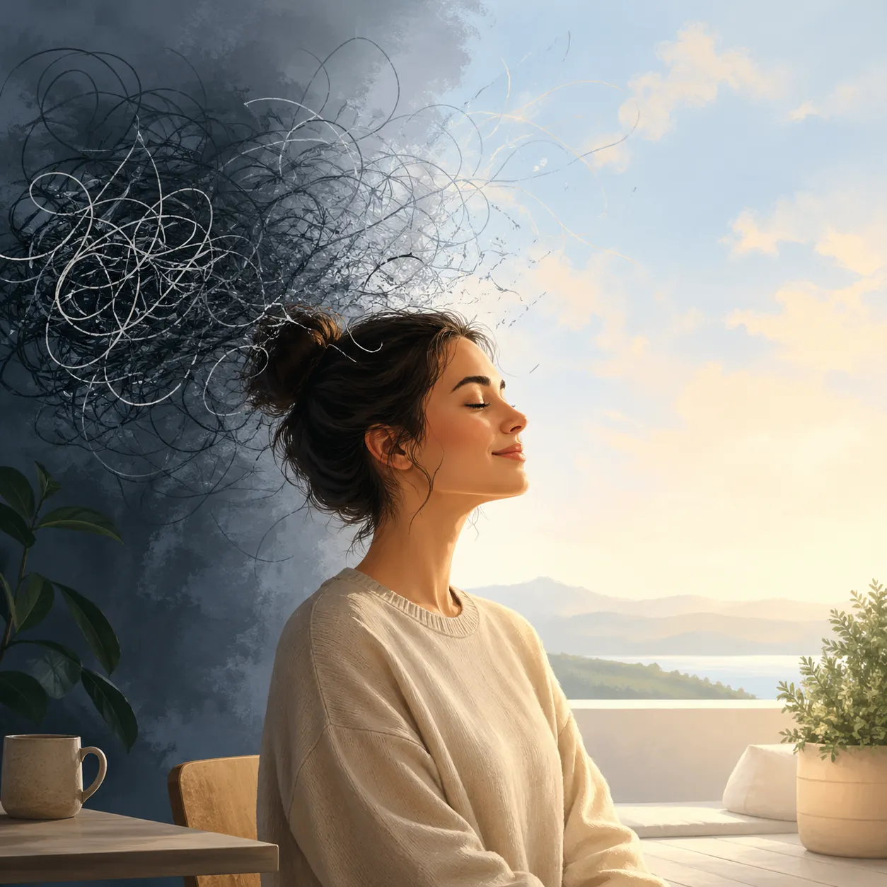 Een kalm moment waarin donkere, drukke gedachten langzaam oplossen in licht, ruimte en innerlijke rust.