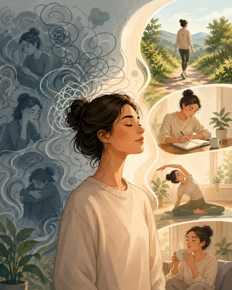 Een rustige illustratie over loskomen van overdenken en stap voor stap terugkeren naar kalmte, helderheid en praktische actie.