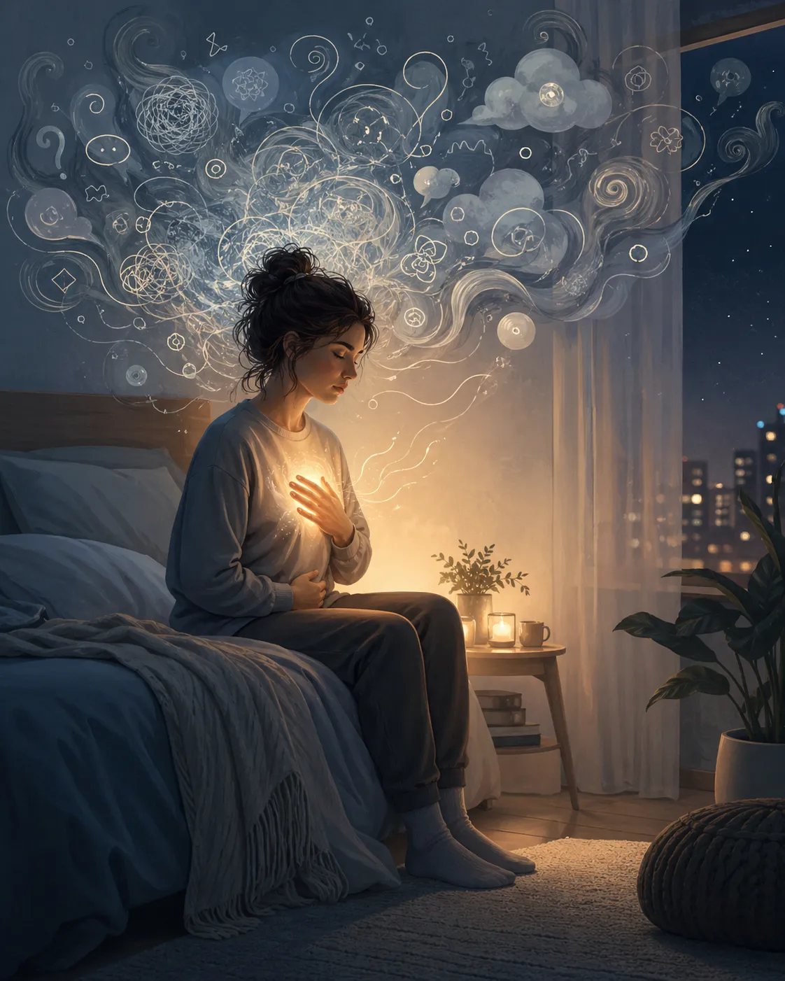 Een kalm moment waarin gedachten blijven rondgaan, maar ademhaling en aandacht langzaam ruimte geven aan innerlijke rust.