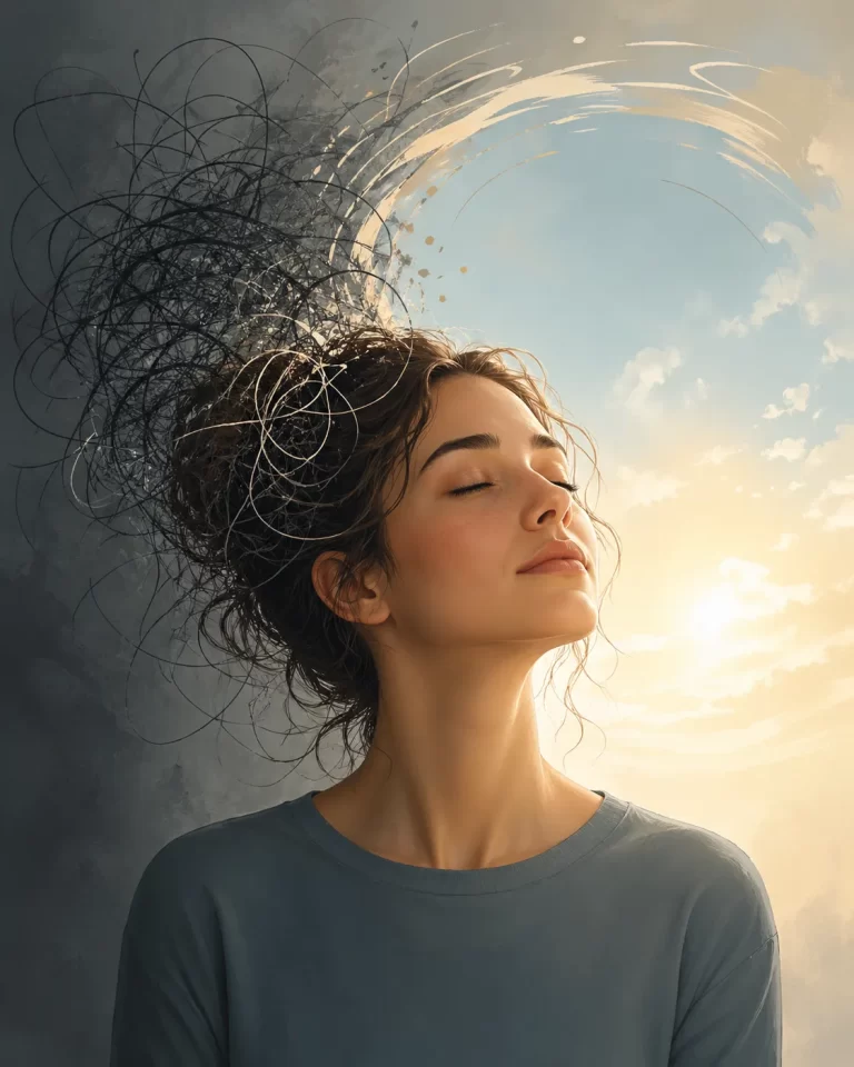 Een visuele overgang van chaos naar kalmte, waarin malende gedachten langzaam plaatsmaken voor licht, ademruimte en mentale helderheid.