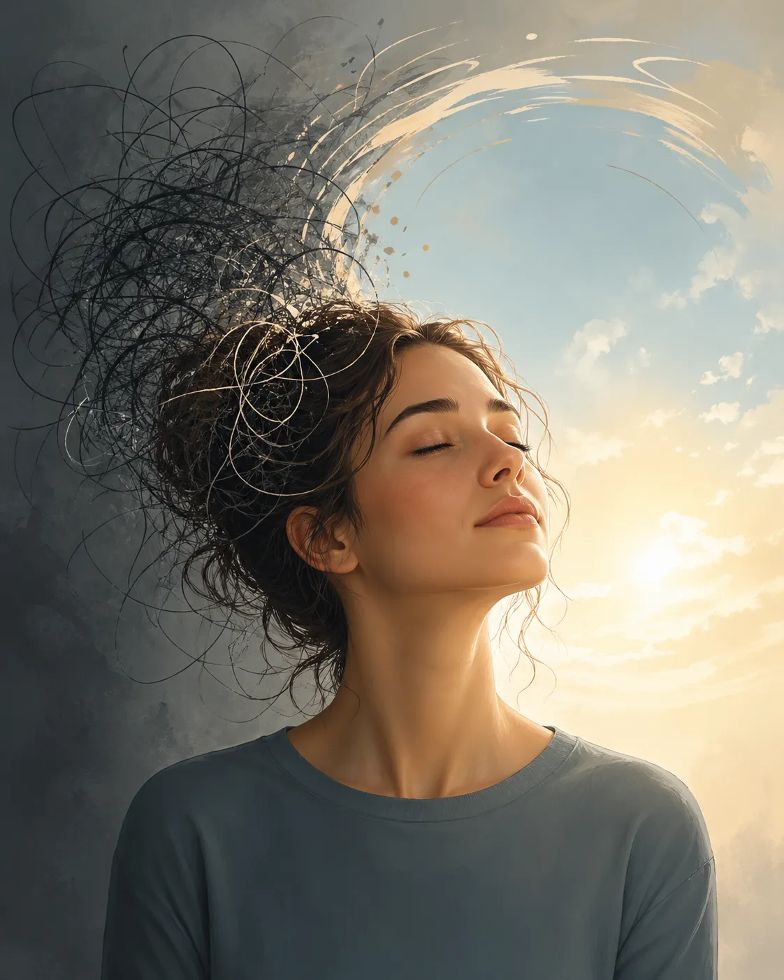 Een visuele overgang van chaos naar kalmte, waarin malende gedachten langzaam plaatsmaken voor licht, ademruimte en mentale helderheid.