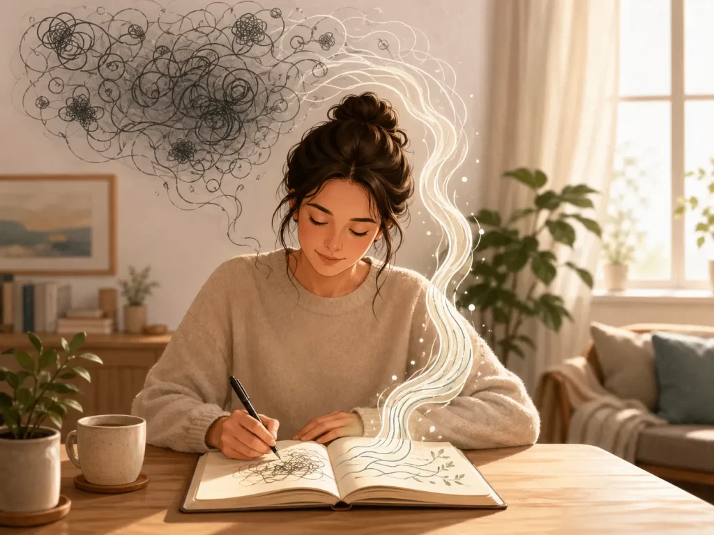 Een rustige illustratie van iemand die piekergedachten opschrijft, waardoor chaos verandert in kalmte.