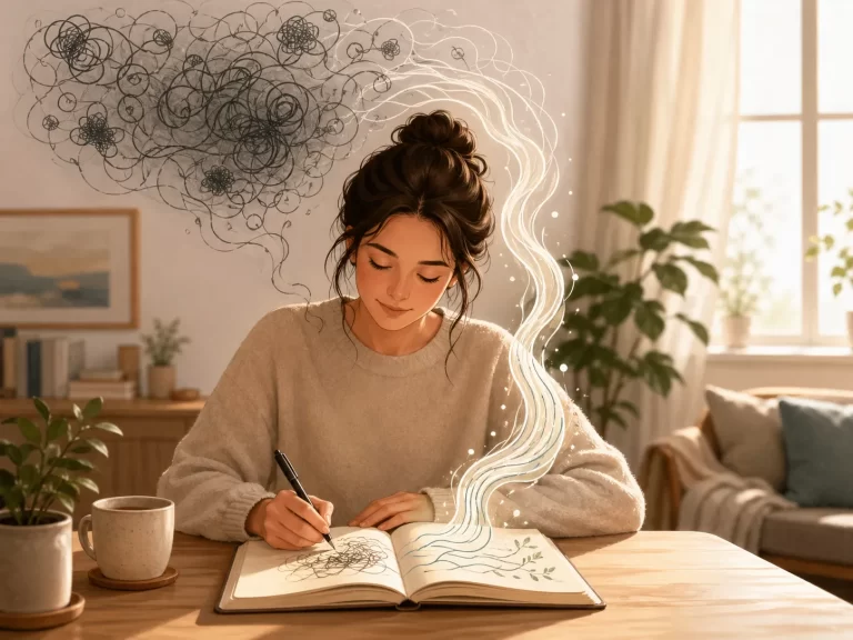 Een rustige illustratie van iemand die piekergedachten opschrijft, waardoor chaos verandert in kalmte.