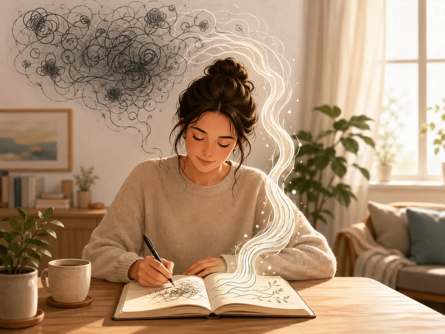Een rustige illustratie van iemand die piekergedachten opschrijft, waardoor chaos verandert in kalmte.