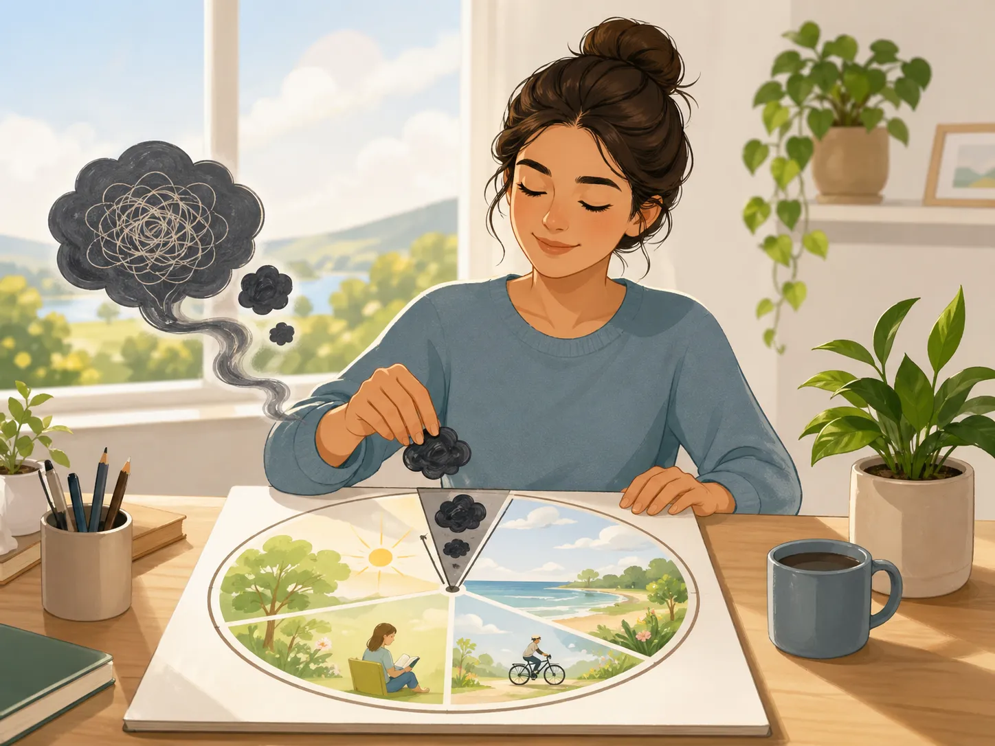 Een rustig moment waarop zorgen bewust een vaste plek krijgen, zodat de rest van de dag lichter en vrijer voelt.