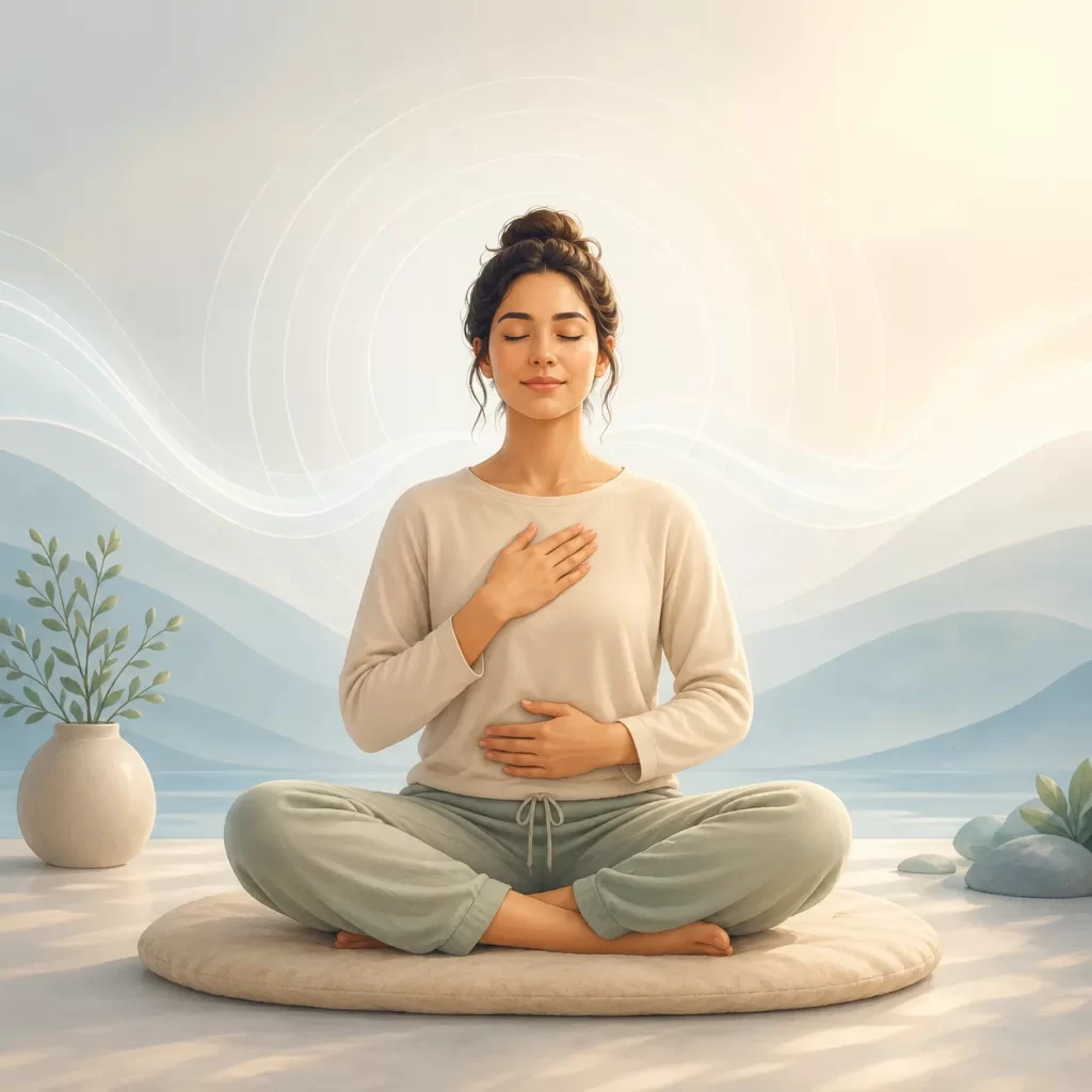 Een kalme ademhalingsoefening om gedachten los te laten en innerlijke rust te vinden.