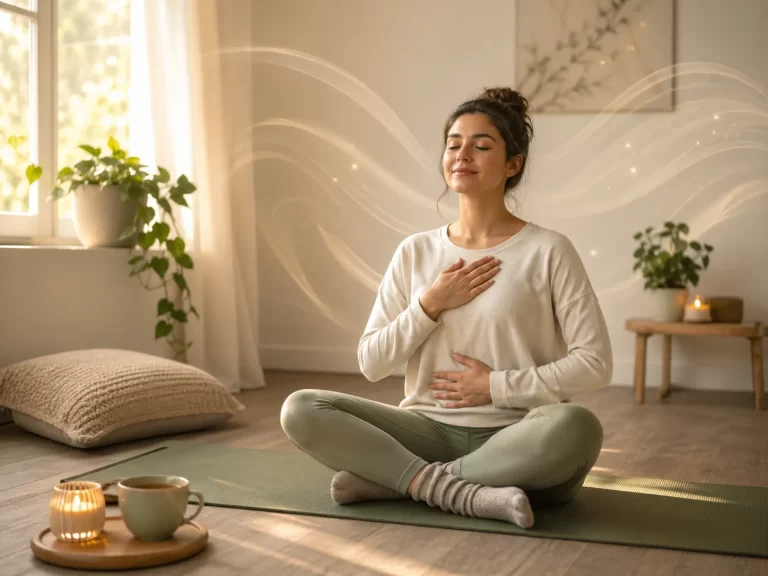 Een rustige ademhalingsoefening in een warme, kalme omgeving om gedachten los te laten.