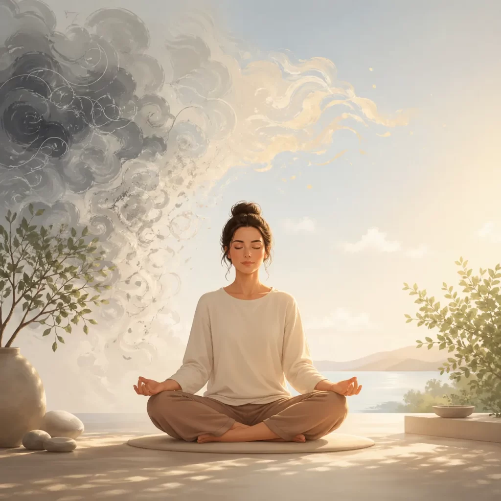 Een serene mindfulness-scène waarin piekergedachten langzaam oplossen in kalmte en helderheid.