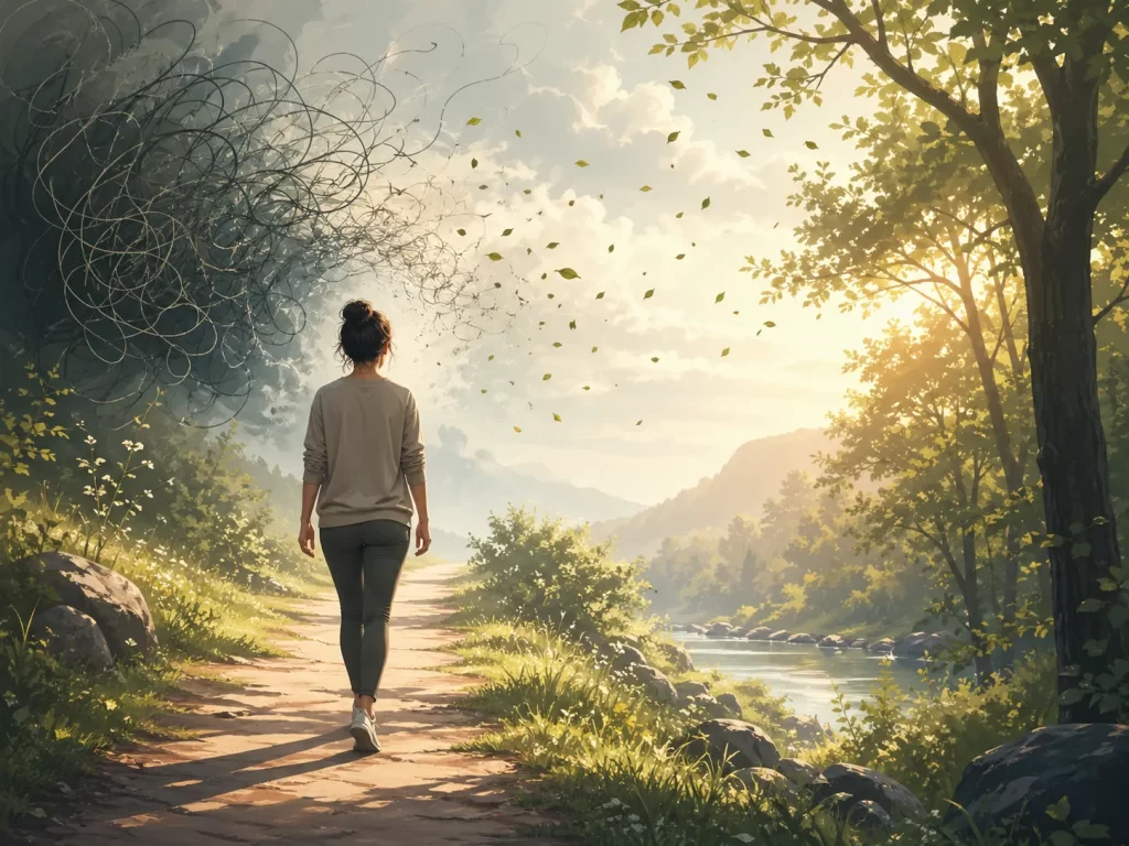 Een kalme wandeling door de natuur laat piekergedachten langzaam verdwijnen en brengt ruimte en rust in het hoofd.