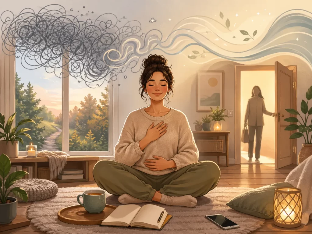 Een warme illustratie over piekeren loslaten, ademhalen en op tijd steun zoeken.