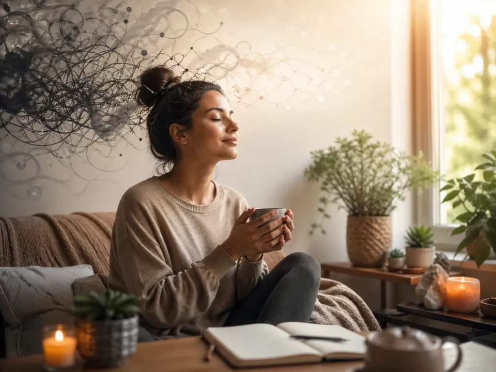 Een kalm moment thuis om piekeren los te laten en innerlijke rust te vinden.