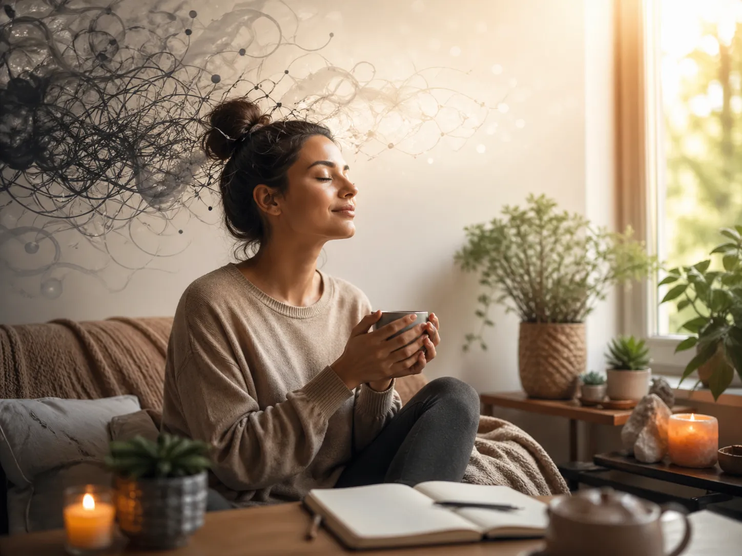 Een kalm moment thuis om piekeren los te laten en innerlijke rust te vinden.