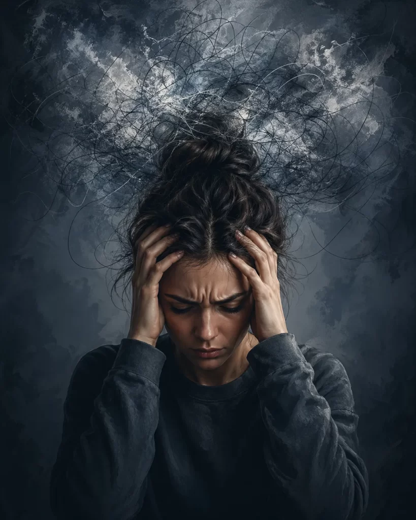 Een beeld van piekeren door spanning, met chaos en drukte in het hoofd.