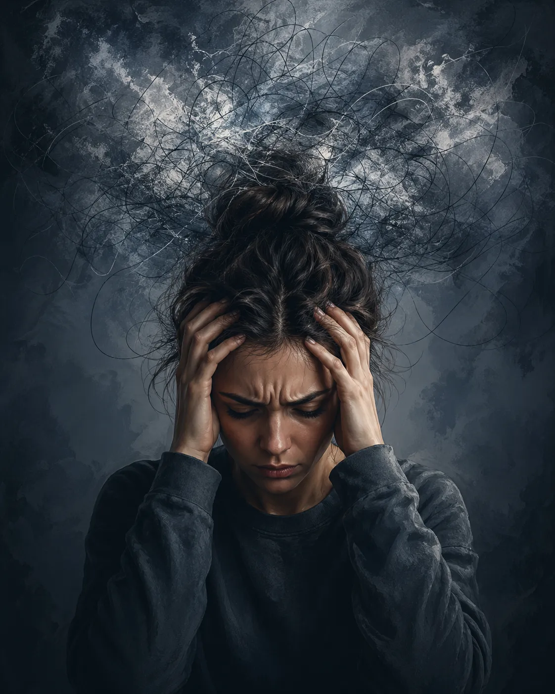 Een beeld van piekeren door spanning, met chaos en drukte in het hoofd.