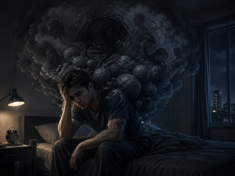 Een uitgeput persoon zit ’s nachts op bed, omringd door donkere, zware gedachten die de mentale last van vermoeidheid verbeelden.