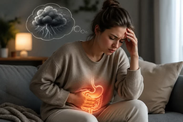 Een vrouw ervaart stress en buikklachten, waarbij spanning en de buik duidelijk met elkaar verbonden zijn.