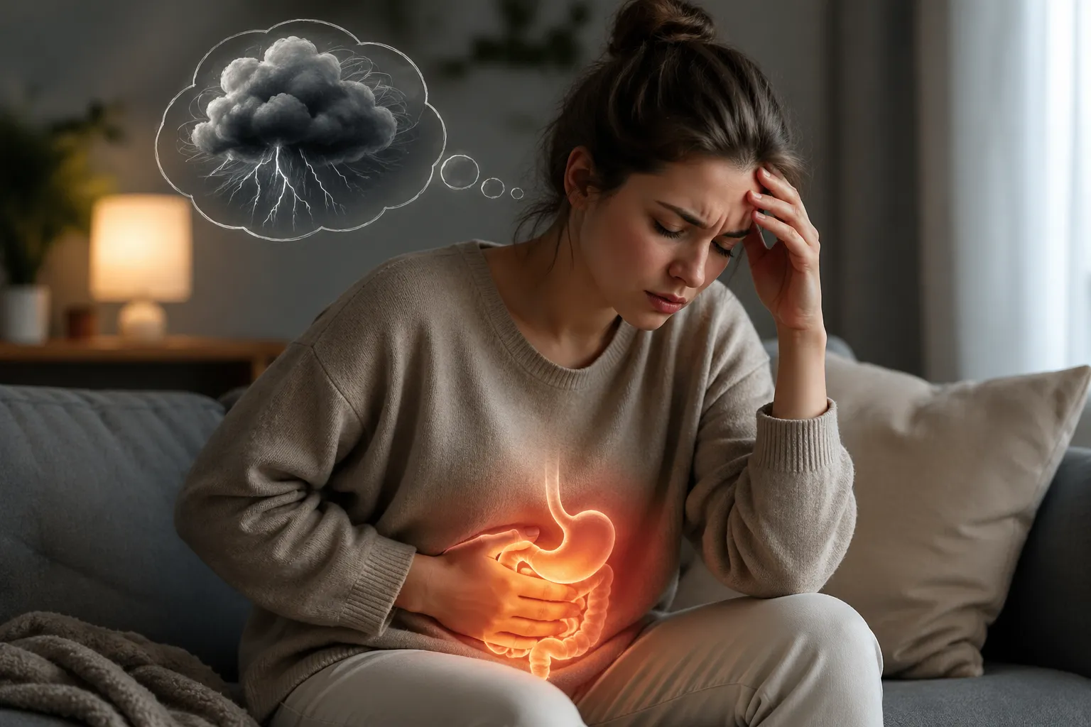 Een vrouw ervaart stress en buikklachten, waarbij spanning en de buik duidelijk met elkaar verbonden zijn.