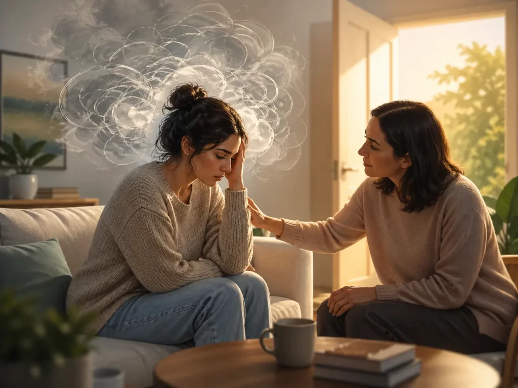 Een warme, hoopvolle scène waarin steun en begrip helpen om piekergedachten lichter te maken.