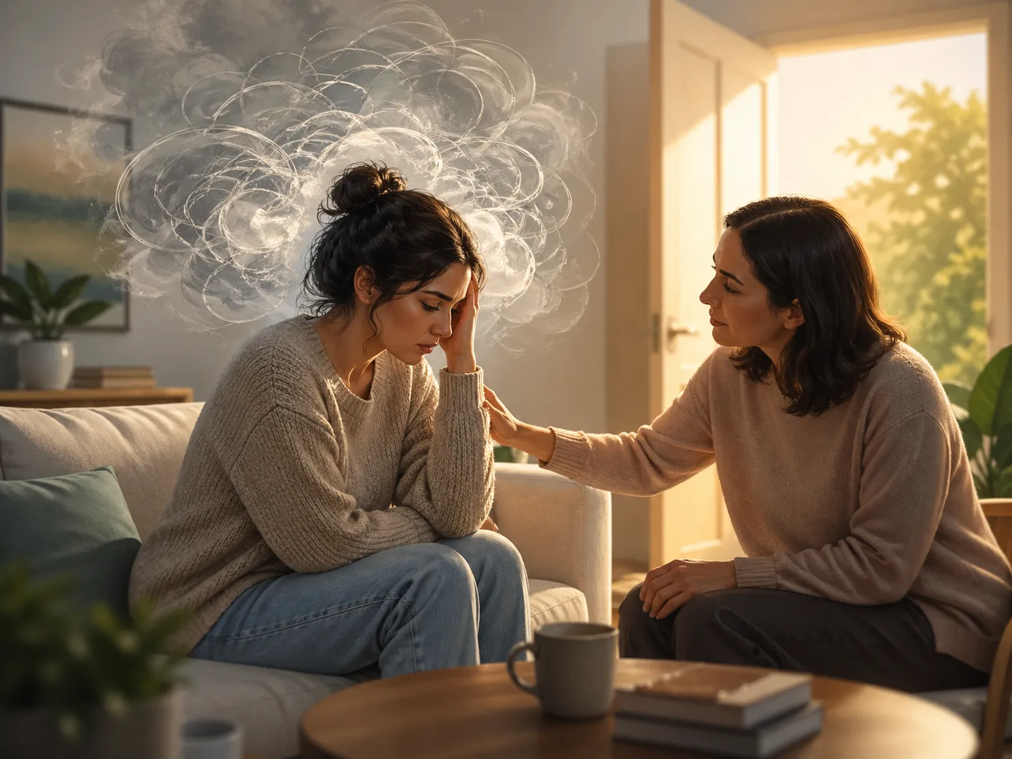 Een warme, hoopvolle scène waarin steun en begrip helpen om piekergedachten lichter te maken.